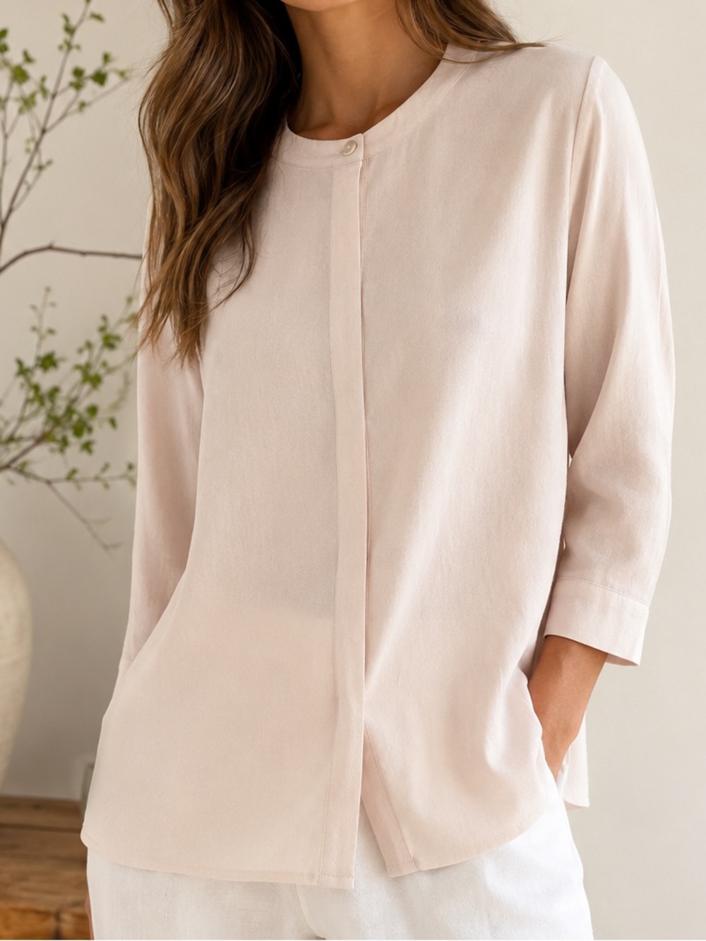 Eileen Fisher 100% Silk Blush Pink Hidden Button Blouse Size S 3/4 Sleeve EUC - Picture 1 of 8